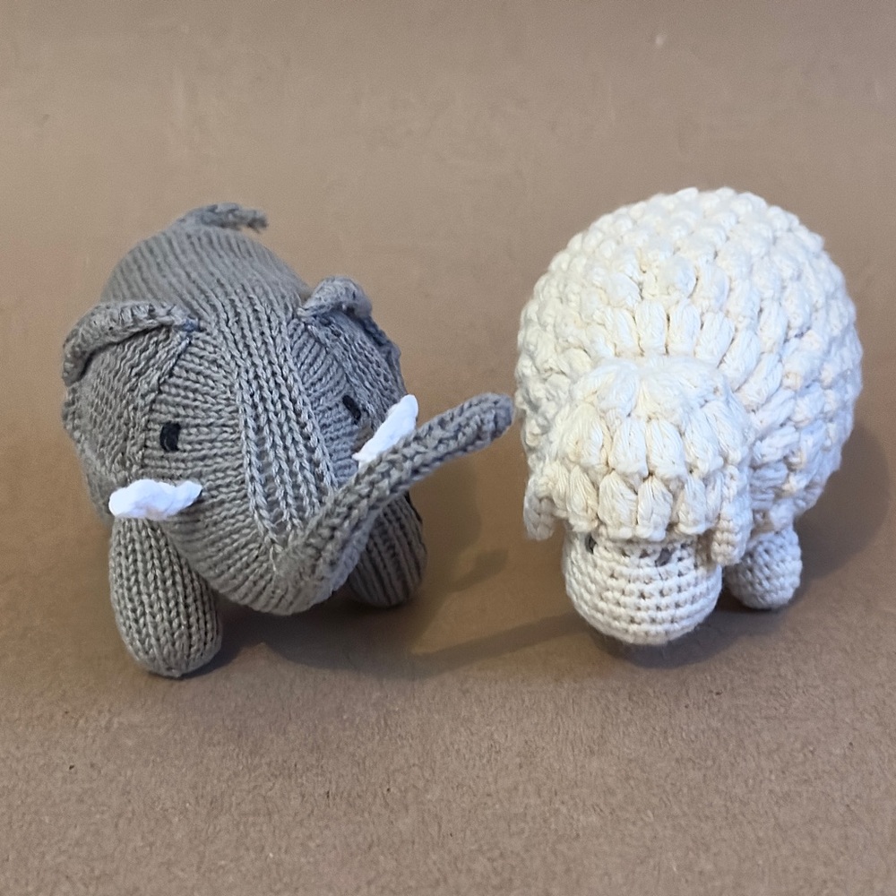 Handcrafted Organic Cotton Plush Baby Toys Crocheted Sheep Rattle Knit Elephant